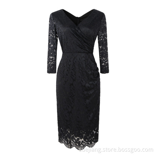 V-neck Women Lace Hollow Out Sexy Office Dress